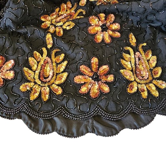80s‎ Small Black Silk Beaded Formal Blouse Sequins Special Occasion Gold - Picture 3 of 13